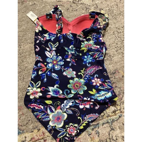 New. Anne Cole Navy floral bandeau swimsuit. 16W - Picture 6 of 9